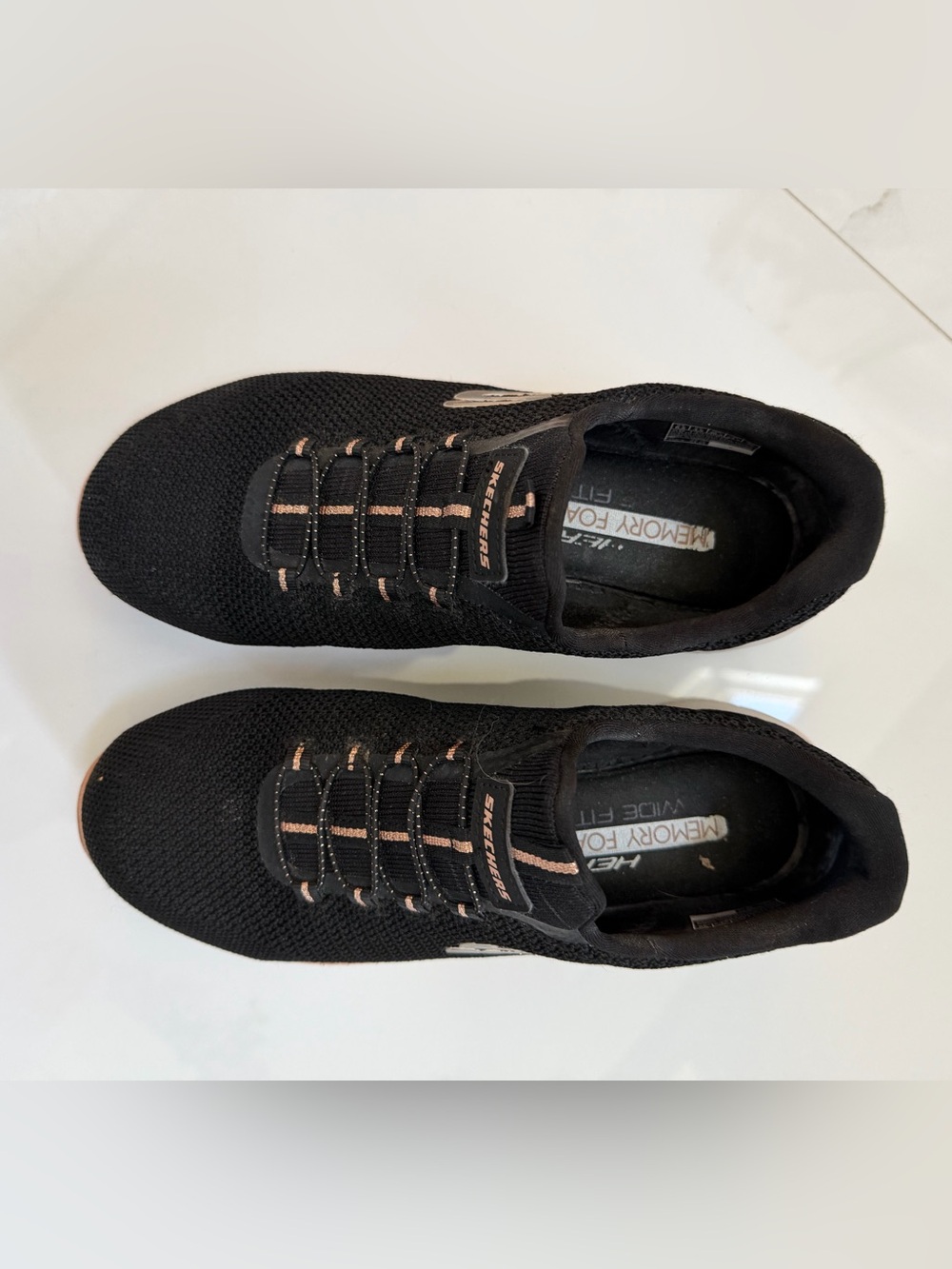 Skechers Women’s Black Knit Slip-On Sneakers with Rose Gold Trim